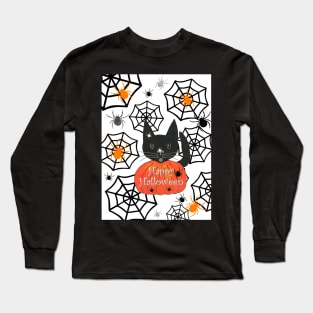 BLACK Cat Halloween With Spiders Long Sleeve T-Shirt